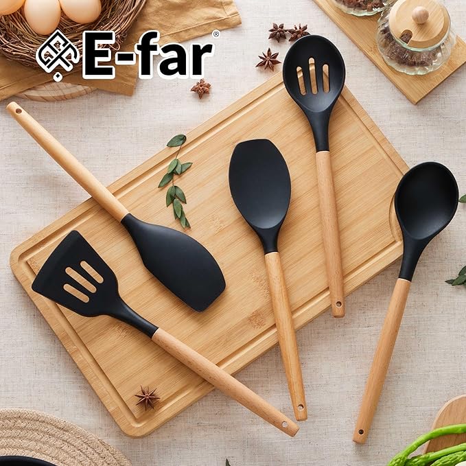 E-far Silicone Cooking Utensils Set, 5-Piece Black Kitchen Utensils Set