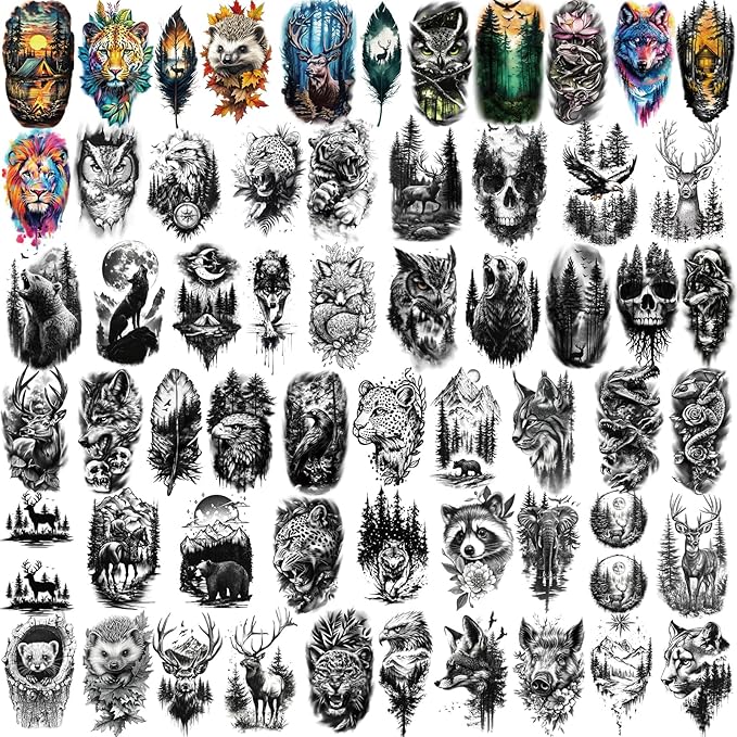 77 Sheets Temporary Tattoos for Adults and Kids - 2 Sizes Fake Tattoo Realistic Lion, Tiger, Wolf, Eagle Owl Forest Animal Designs- Long Lasting Body Tattoo for Halloween, Parties