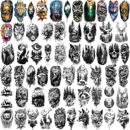 77 Sheets Temporary Tattoos for Adults and Kids - 2 Sizes Fake Tattoo Realistic Lion, Tiger, Wolf, Eagle Owl Forest Animal Designs- Long Lasting Body Tattoo for Halloween, Parties