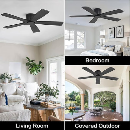 WINGBO 54" Flush Mount DC Ceiling Fans Without Lights, 5 Carved Solid Wood