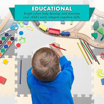 ProSource Foam Puzzle Floor Play Mat for Kids and Babies with Solid Colors, 36 or 16 Interlocking Tiles with Borders, White/Grey/Beige