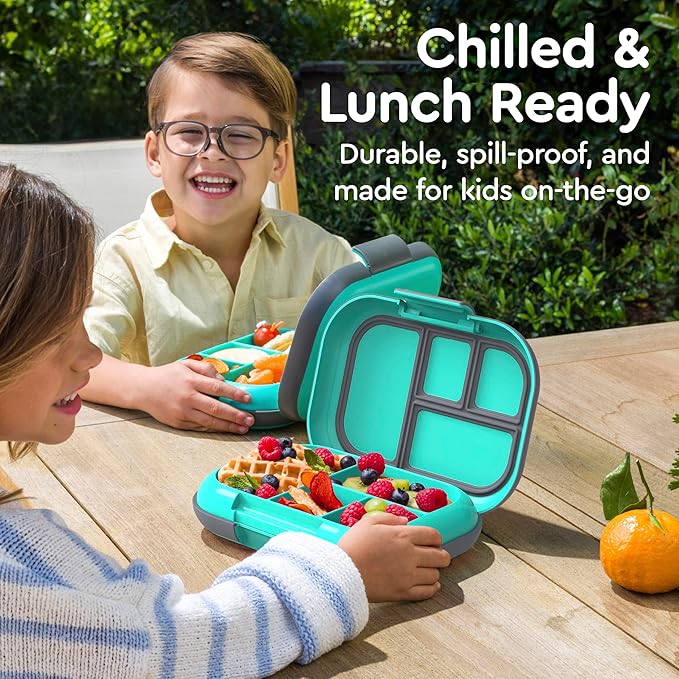 Bentgo Chill Kids Leak-Proof Lunch Box - 4-Compartment Bento Box with Built-In Ice Pack, 3.3 Cup Capacity, PFAS & BPA-Free, Microwave & Dishwasher Safe, Ideal Size for Ages 3 to 7 (Electric Aqua)