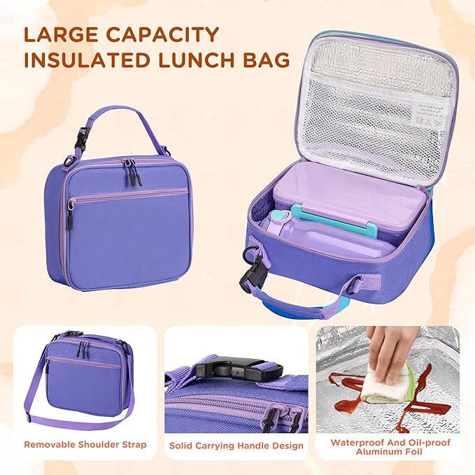 Bento Lunch Box for Kids With 8oz Thermo, Leakproof Bento Box with with 2 Compartments, Insulated Bottle, Lunch Bag, BPA Free Dishwasher Safe for School Girls Boys (Purple)