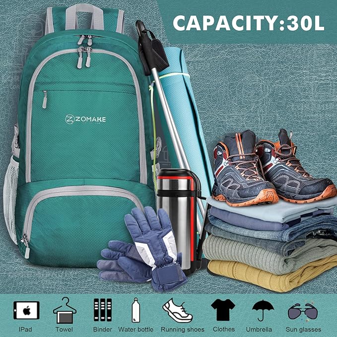 ZOMAKE Lightweight Packable Backpack 30L, Foldable Hiking Backpacks Water Resistant Compact Folding Daypack for Travel(Dark Green)