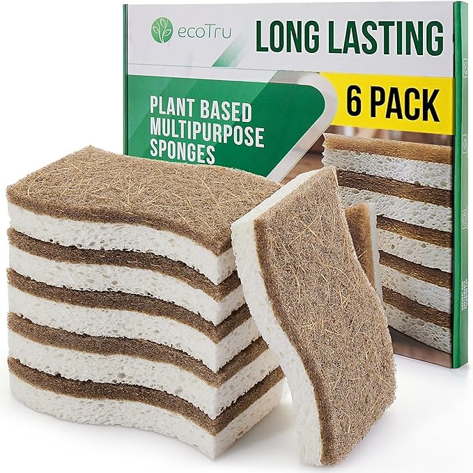 6 Pack Natural Kitchen Sponges, Compostable White Cellulose & Organic Coconut