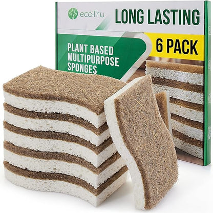 6 Pack Natural Kitchen Sponges, Compostable White Cellulose & Organic Coconut