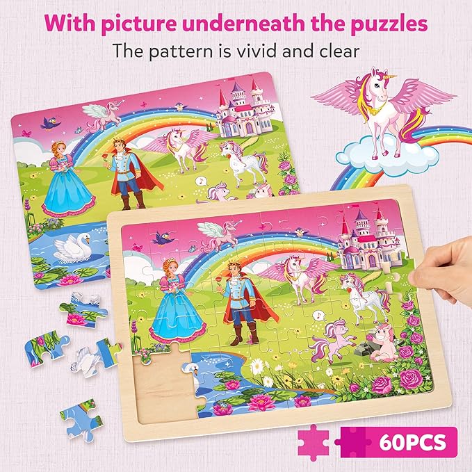 SYNARRY Unicorn Mermaid Princess Fairy Wooden Puzzles for Kids Ages 4-6, 6 Packs 60 PCs Jigsaw Puzzles for Kids Ages 4-8, Preschool Toys Gifts for Toddlers 3-5, Wood Puzzles for 3 4 5 6 Year Old Girls