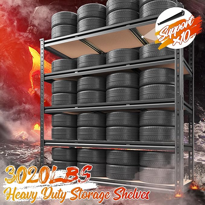 REIBII 48" W Garage Shelving 3020LBS Storage Shelves 5 Tier Heavy Duty Shelving Adjustable Garage Shelves for Basement, Warehouse, Commercial, Easy Assemble, 48" W x 72" H x 24" D