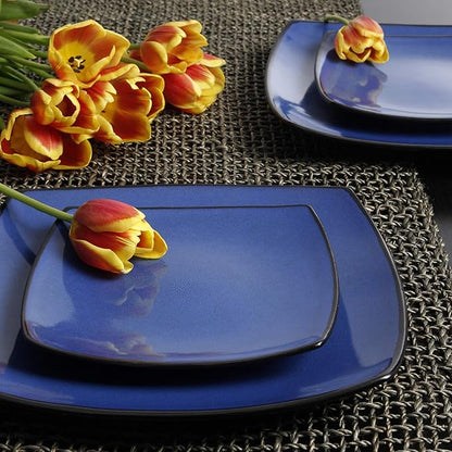 Gibson Elite Soho Lounge Square Reactive Glaze Stoneware Dinnerware Set, Service for 4 (16pc), Sapphire