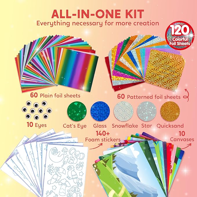 Klever Kits Foil Art Kit for Kids - Arts & Crafts Supplies, Mess Free Coloring, Animal Foil Foam Stickers, Creative Travel Toys, Birthday Gifts for Boys & Girls Ages 4 and Up