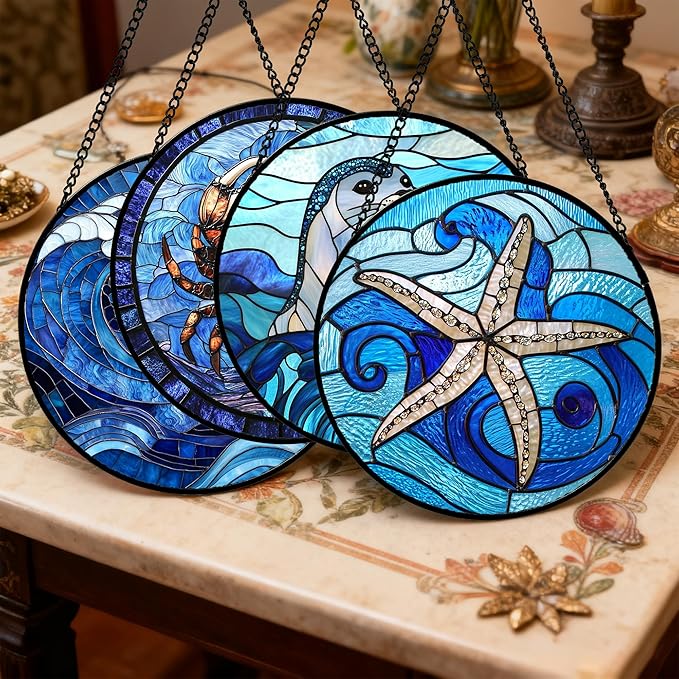 DASTOLL Stained Glass Window Hanging 4 Pcs Set Blue Ocean Waves 7.8"