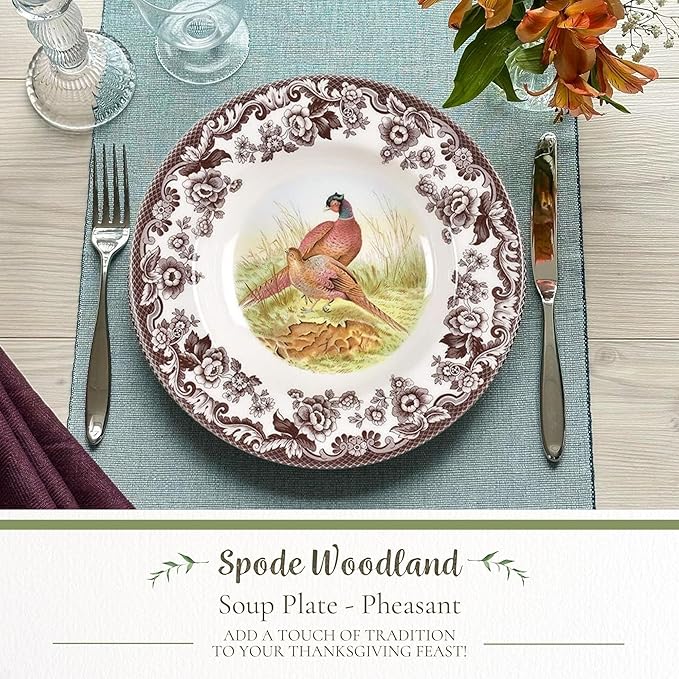 Spode Woodland Pheasant 9" Soup Plate - Rustic Fine Earthenware Bowl with Game Bird Design for Soup, Pasta or Salad - Dishwasher, Microwave, Oven & Freezer Safe - Mix & Match with Woodland or Delamere