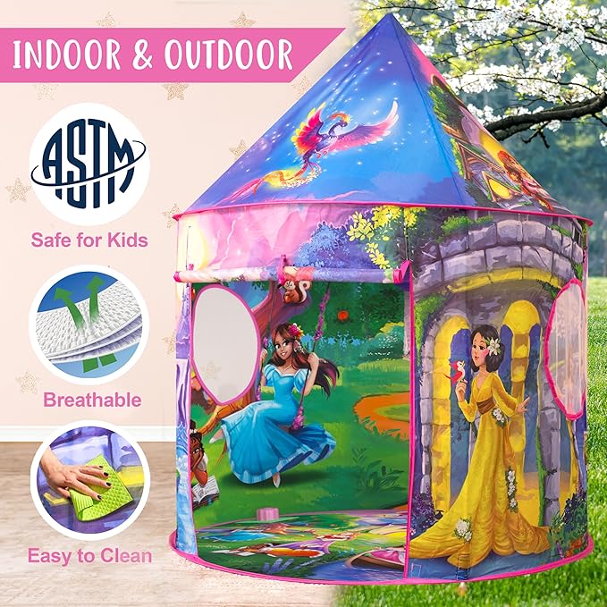 W&O Princess Tent with Fantasy Sound Button, LED Lights, Crown & Wand – Magical Indoor & Outdoor Playhouse for Kids Ages 3-8