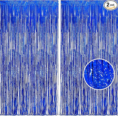 BRAVESHINE Blue Tinsel Foil Fringe Curtains - 2Pcs 3.2x8.2 ft Metallic Holidays Photo Backdrop for Boys Men Birthdays Homecoming Bachelor Bachelorette Engagement Sea Theme Ramadan Party Decorations