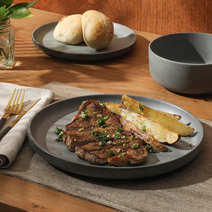 Gibson Elite Pasco 12 Piece (Service for 4) Plates and Bowls Reactive Glaze Dishes Stoneware Ceramic Dinnerware Set - Grey