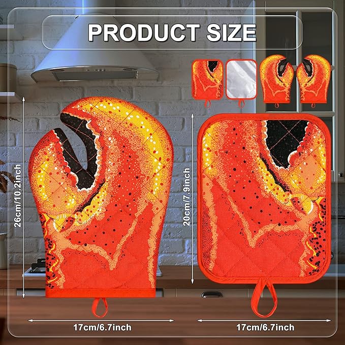 4 Pcs Lobster Claw Oven Mitts and Pot Holders Quilted Cotton Lining Design Heat