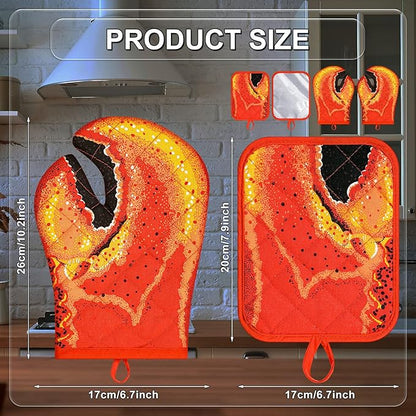 4 Pcs Lobster Claw Oven Mitts and Pot Holders Quilted Cotton Lining Design Heat