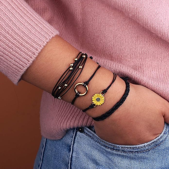FANCY SHINY Sunflower String Bracelet Boho Braided Rope Wrap Bracelets Cute Summer Beach Surfer Jewelry for Women Christmas Gifts