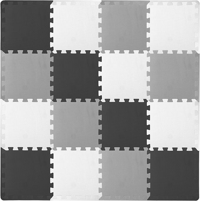 ProSource Foam Puzzle Floor Play Mat for Kids and Babies with Solid Colors, 36 or 16 Interlocking Tiles with Borders, Black/Grey/White