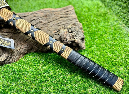 AX-7004 Custom Gift Forged Carbon Steel Viking Axe with Rose Wood Shaft, Viking Bearded Camping Axe