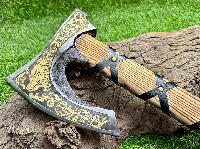 AX-7004 Custom Gift Forged Carbon Steel Viking Axe with Rose Wood Shaft, Viking Bearded Camping Axe