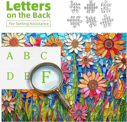 1000 Piece Mosaic Floral Stained Glass Puzzle - Vibrant Textured Paper Art, Challenging Adult Wall Decor 27.5x19.7 Inch