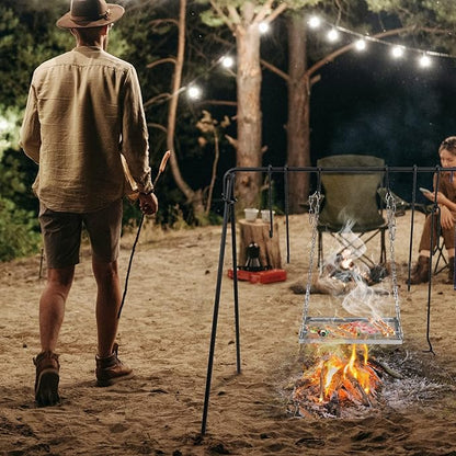 REDCAMP Swing Campfire Grill Stand - Collapsible Campfire Cooking Rack with 6 Hooks & Stainless Steel Grill Grate, Portable Dutch Oven Hanger for Outdoor Camping, Cookware, Bonfire, Rectangle ﻿