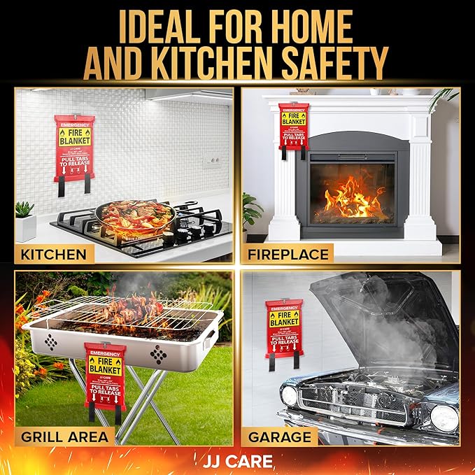 JJ CARE Fire Blanket ??3 Packs with Hooks and Gloves ??Emergency Fire Blanket for Home & Kitchen, High Heat Resistant Fire Suppression Blankets for Home Safety, Kitchen, and Camping