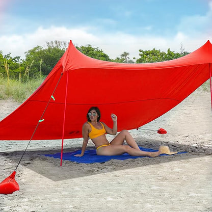 Red Suricata Family Beach Tent & Beach Canopy, UPF50 Sun Beach Shade, Sunshade with 4 Aluminum Poles, 4 Pole Anchors & Sand Shovel, Medium & Portable Sun Shelter Tarp (Medium, Red)