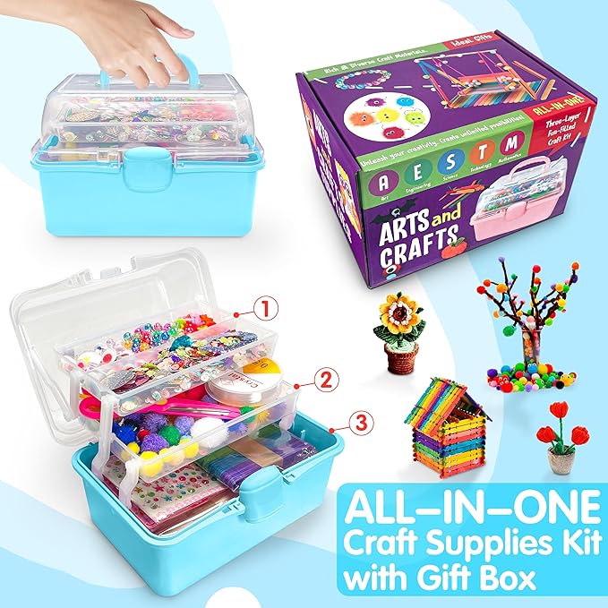 LINAYE 2500+PCS Arts and Crafts Supplies for Kids, DIY Craft Supplies Kit Box for Ages 6-8, Arts and Crafts Kit for Kids, Crafting Supply Set for Girls Boys Birthday Christmas Gifts, Blue