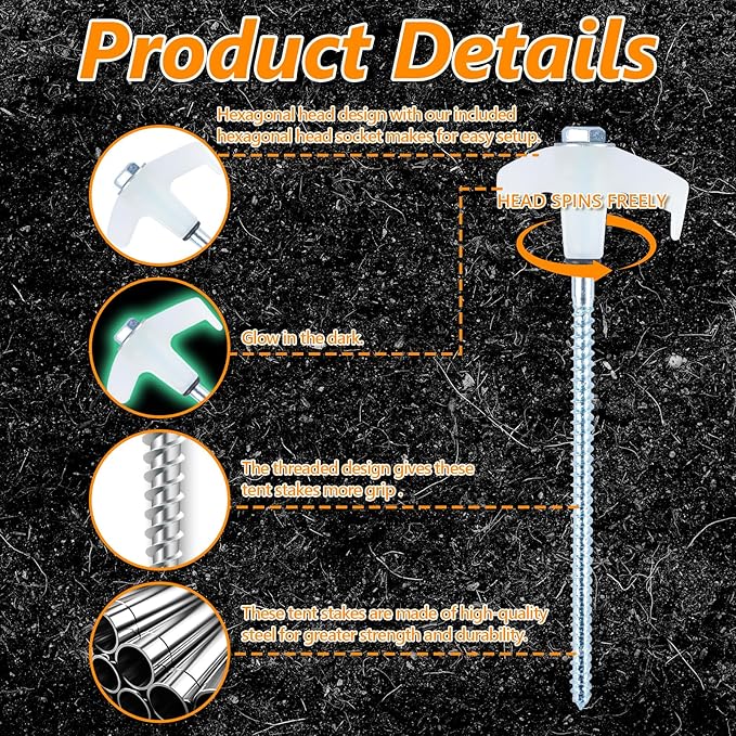 x-vesolje 8in Heavy-Duty Screw-In Tent Stakes | 12-Pack Luminous Ground Anchors