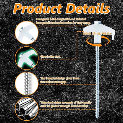 x-vesolje 8in Heavy-Duty Screw-In Tent Stakes | 12-Pack Luminous Ground Anchors