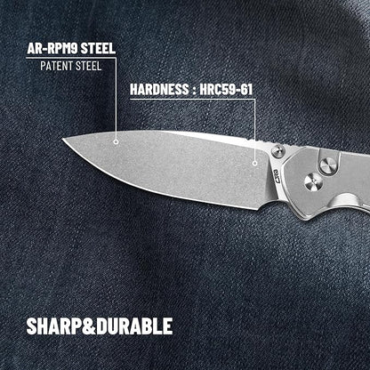 CJRB CUTLERY Pocket Knife Pyrite (J1925L) Button Lock EDC Large Foldable Knife AR-RPM9 Steel Blade and Stainless Steel Handle Silver Outdoor for Women Men for Gifts