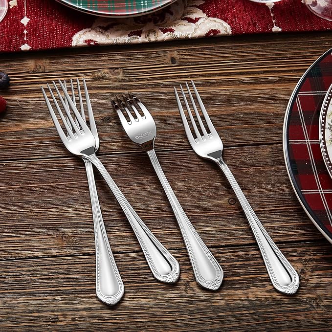KEAWELL Pearl Edge 8-Piece Premium Fork Set, 18/10 Stainless Steel, Fine Silverware with Mirror Finish, Dishwasher Safe (8, 8" Dinner Forks)
