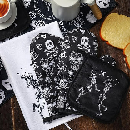 Leinuosen 6 Pcs Skull Kitchen Decor Set Kitchen Towels Gothic Oven Mitts and