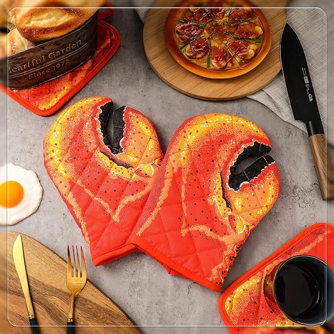 4 Pcs Lobster Claw Oven Mitts and Pot Holders Quilted Cotton Lining Design Heat