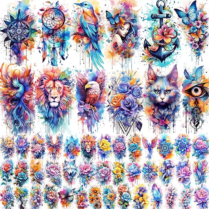 52 Watercolor Temporary Tattoos for Women Adults - Realistic 3D Floral Butterfly Phoenix Mandala Fake Tattoos Set, Waterproof Long Lasting Body Sticker for Parties Weddings (12 Large Tattoos Included)