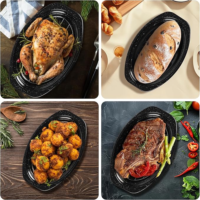 13” Roaster Pan with Lid and Rack, Small Enamel Roaster Pan with Oval Roasting