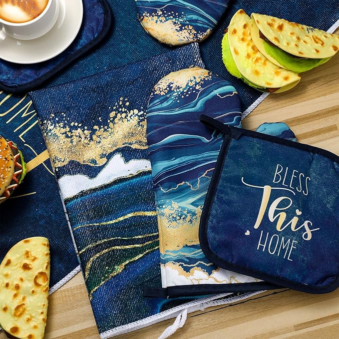 Bencailor 6 Pcs Marble Kitchen Decor Gold Pot Holders Oven Mitts 2 Dish Towels