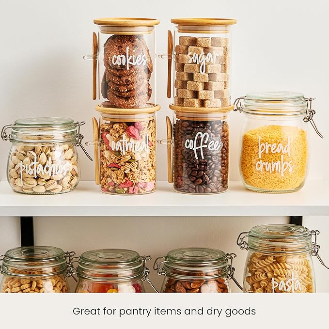Talented Kitchen Glass Food Storage Containers with Lids - 4-Pack 17 oz Glass - Stackable Kitchen Jars for Pantry, Spice Jars & Coffee Containers for Countertop - Attached Spoons & 157 Labels