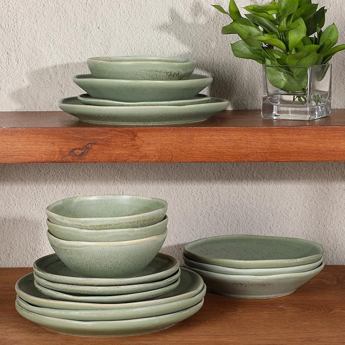 Gibson Elite Island Cove 16 Piece (Service for 4) Plates and Bowls Reactive Glaze Organic Round Dishes Stoneware Ceramic Dinnerware Set -Green