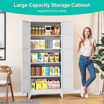 Metal Storages Cabinet with 2 Doors and 5 Shelves,Tall Storage Cabinet,Large Cupboard Closet,Pantry Storage Cabinet for Home,Office,Bathroom,Dining/Living Room (White, 71" H)