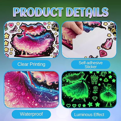 Glow in The Dark Princess and Star Wall Decals, Neon Butterflies Stickers for Girls Room, Luminous Stars Ceiling Decor for Bedroom Playroom Nursery