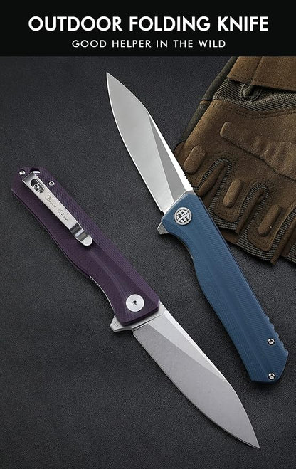 Petrified fish G10 handle D2 steel blade 2CR13 liner ball bearing flipper folding knife camping hunting EDC pocket tool PF818 (Purple, Satin)