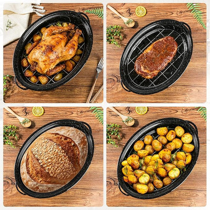 15” Roaster Pan with Lid and Rack, Small Enamel Roaster Pan with Oval Roasting
