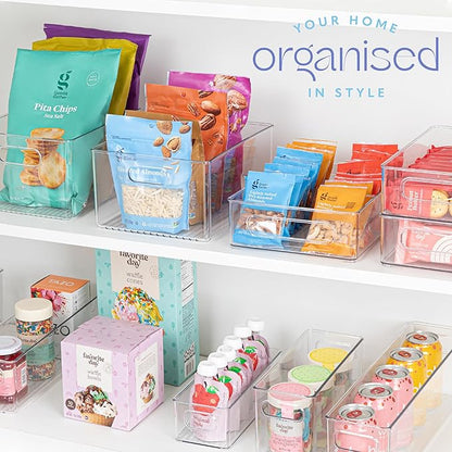 Plastic Food Storage 2 pack Clear Container Bin with Handles for Organizing Kitchen, Pantry, Refrigerator, Freezer, Pantry, Cabinet, Closet, Bathroom. Stackable 10”x8”x3”