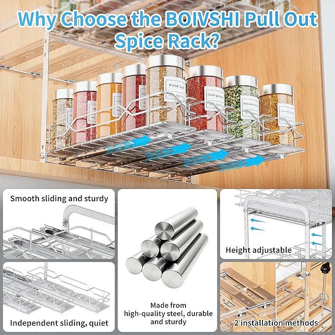 BOIVSHI Spice Rack Organizer, Heavy Duty Vertical Spice Rack Pull Out