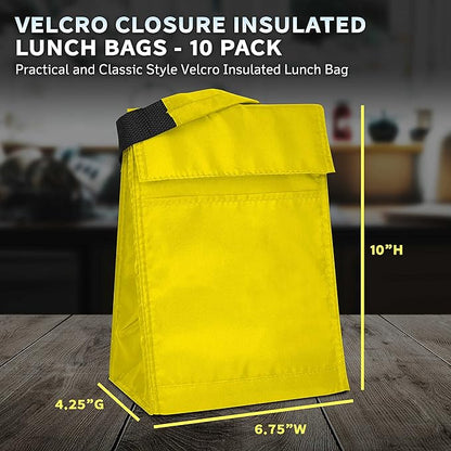 DISCOUNT PROMOS 10 Hook and Loop Insulated Lunch Bags Set - Polyester, Durable, Vibrant, Reusable - Yellow