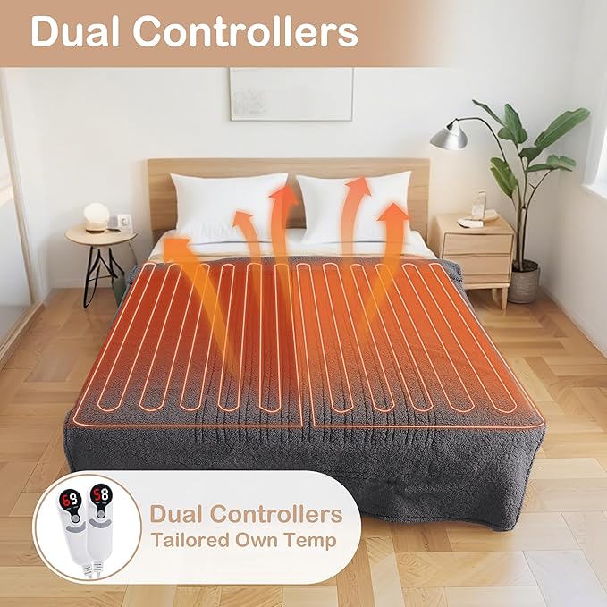 Electric Heated Blanket Queen Size 84"×90" Dual Control, 9 Heating Settings &
