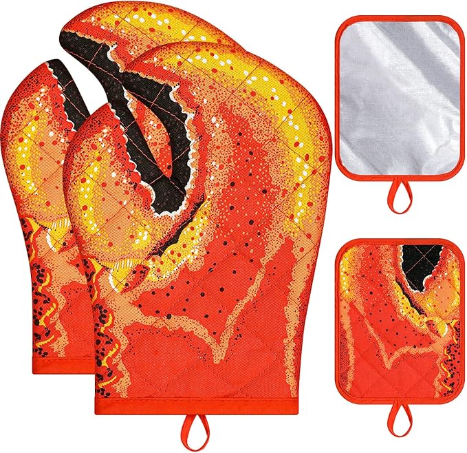 4 Pcs Lobster Claw Oven Mitts and Pot Holders Quilted Cotton Lining Design Heat